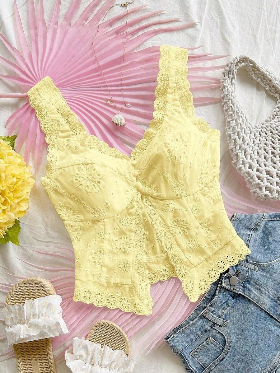 Top casual de mujer con bordado de ojales, adecuado para vacaciones, fiestas, té de la tarde, playa, citas, verano - Amarillo - Ver 1