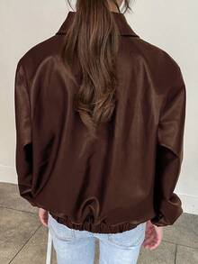 -Less Chaqueta de piel de imitación con bolsillos en ángulo, ropa de mujer de otoño - Marrón - Ver 2