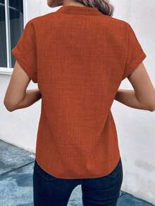 Camisa casual de mujer de manga corta con cuello entallado de unicolor, para verano - Naranja - Ver 2