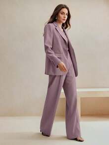 Conjunto de traje de mujer, blazer de unicolor estilo vintage + pantalones rectos, 2 piezas - Púrpura polvoriento - Ver 7