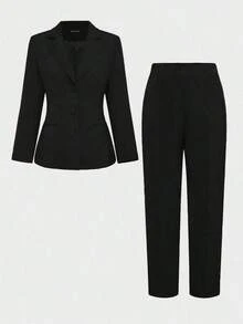Set de 2 piezas: Chaqueta tipo blazer ajustada y elegante + Pantalones hasta el tobillo, adecuado para negocios, ir al trabajo y uso diario, color negro, primavera - Negro - Ver 6