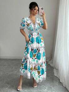 YHHElenzga Vestido largo con escote en V, manga abultada y estampado floral para vacaciones de mujerYHH - Multicolor 7 - Ver 6