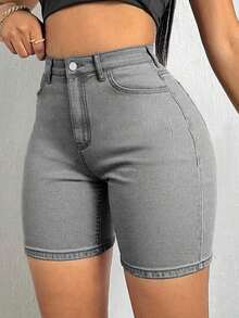 Shorts vaqueros elásticos de corte ajustado con decoración de bigotes de gato para mujer, estilo casual de verano, adecuados para vacaciones, playa, conciertos, festivales de música, creando - Gris - Ver 3