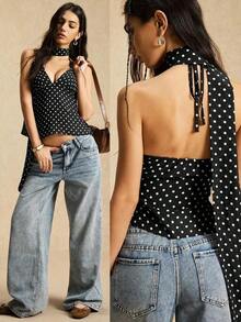 Camiseta sin espalda con lunares blancos para mujer, pieza de lencería sexy para primavera/verano, crea un look casual retro, adecuada para ocasiones de vacaciones - Negro - Ver 3