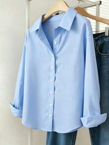 Camisa casual de mujer de un solo pecho de manga larga con hombros caídos y unicolor - Azul - Ver 1