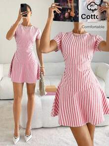 Vestido de fiesta elegante de mujer con cuello redondo a rayas y cintura ceñida - Rosa - Ver 7
