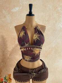 Top sin espalda con cuello halter y textura vintage para mujer, verano - Morado - Ver 1