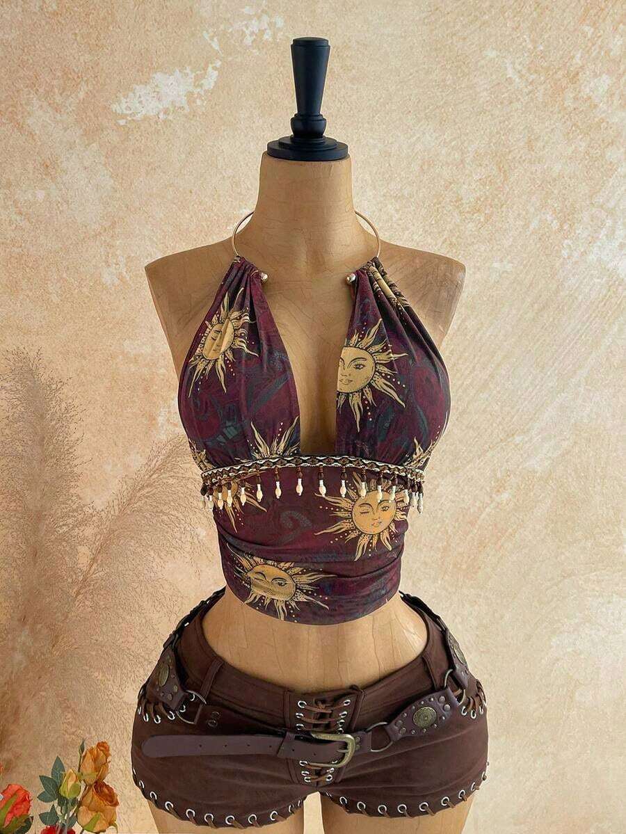 Top sin espalda con cuello halter y textura vintage para mujer, verano - Morado - Ver 1