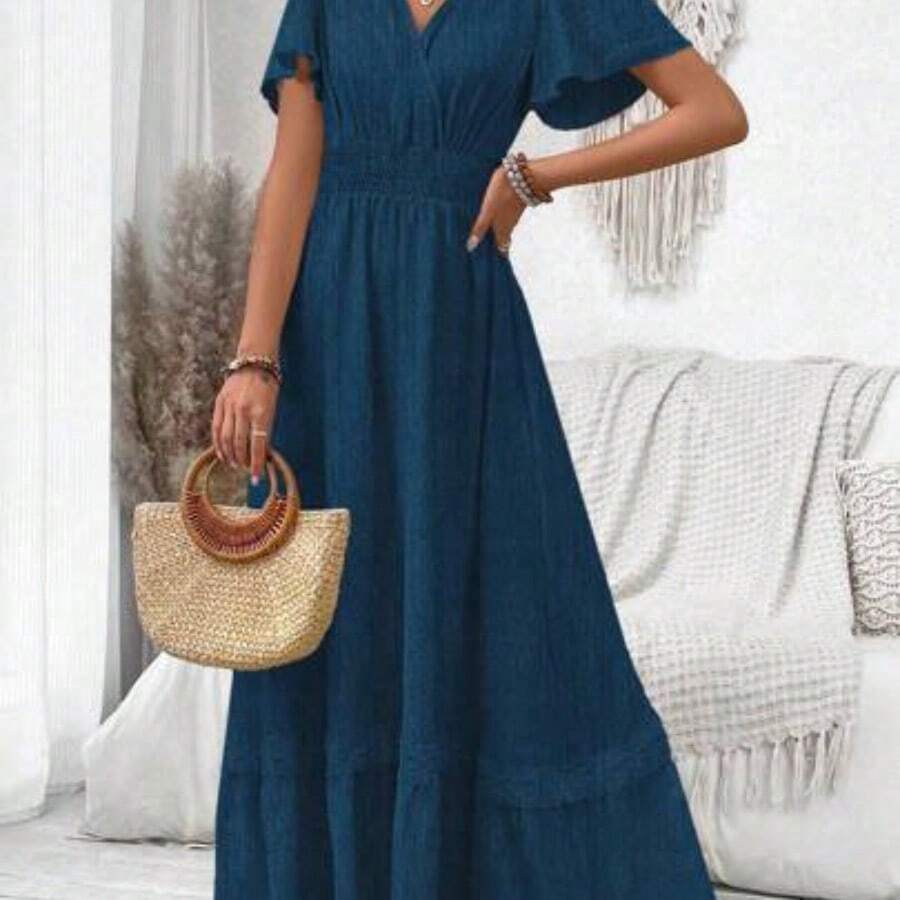V-Neck Ruffle Sleeve Solid Color Vacation Style Spring/Summer Dress Maxi Women Outfit - Azul lavado oscuro - Ver 1