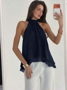 Camiseta sin mangas de gasa con cuello halter, fruncida y con línea A, de estilo bohemio minimalista y sexy, color morado berenjena, para primavera/verano - Azul marino - Ver 6