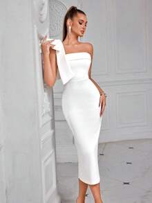 Vestido de cóctel ADYCE de un hombro, unicolor, con lazo decorativo, escote strapless, abertura en la espalda y hasta la rodilla, blanco, elegante y semiformal para bodas, cumpleaños, graduación, cena o eventos - Blanco - Ver 4