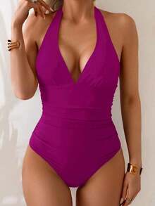 Traje de baño de una pieza con control de abdomen, estilo minimalista de unicolor, con escote halter y espalda descubierta, para vacaciones de verano en la playa - Rojo violeta - Ver 4