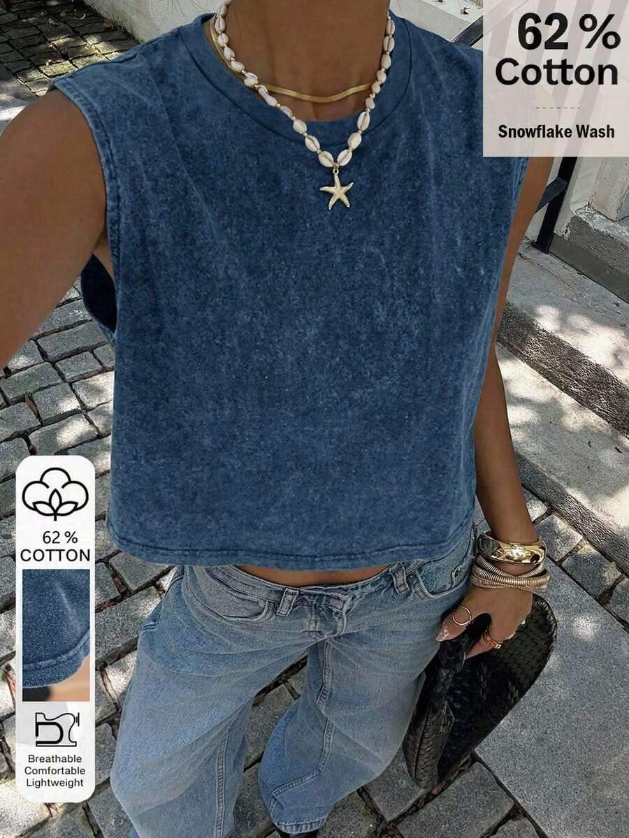 Camiseta de tirantes corta con cuello redondo y estampado de limones, adecuada para el verano - Azul - Ver 1