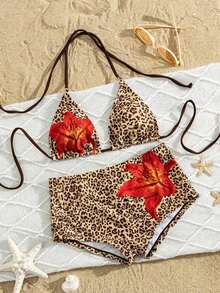 Traje de baño con estampado floral de moda: Top de bikini tipo camiseta con estampado de loto negro + Bottom de traje de baño de talle alto - Conjunto de traje de baño elegante y cómodo para vacaciones de verano, playa y uso en resort en color rojo - estampado de leopardo - Ver 2