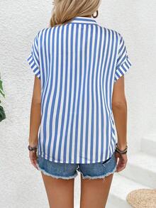 Blusa casual de verano de unicolor con botones delanteros y mangas cortas para uso diario - Azul y blanco - Ver 2