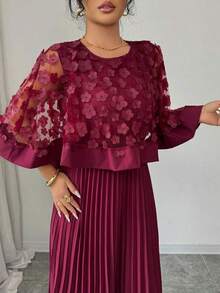Vestido con decoración floral elegante y bajo plisado, adecuado para bodas, fiestas de cumpleaños y otras ocasiones, otoño - Rosa Roja - Ver 5