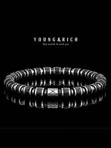 YOUNG&RICH YOUNG & RICH Men's Natural Lava Stone Bracelet, Matte Black Volcanic Rock Disc Beads Elastic Bracelet, Minimalist Dark Tone Daily Jewelry For Men - Black - View 1