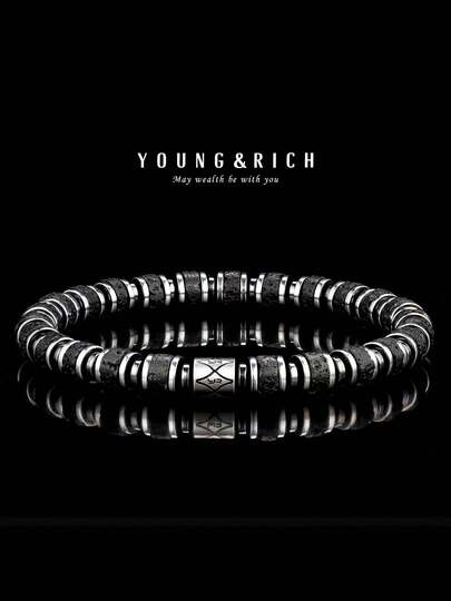 YOUNG&RICH YOUNG & RICH Men's Natural Lava Stone Bracelet, Matte Black Volcanic Rock Disc Beads Elastic Bracelet, Minimalist Dark Tone Daily Jewelry For Men