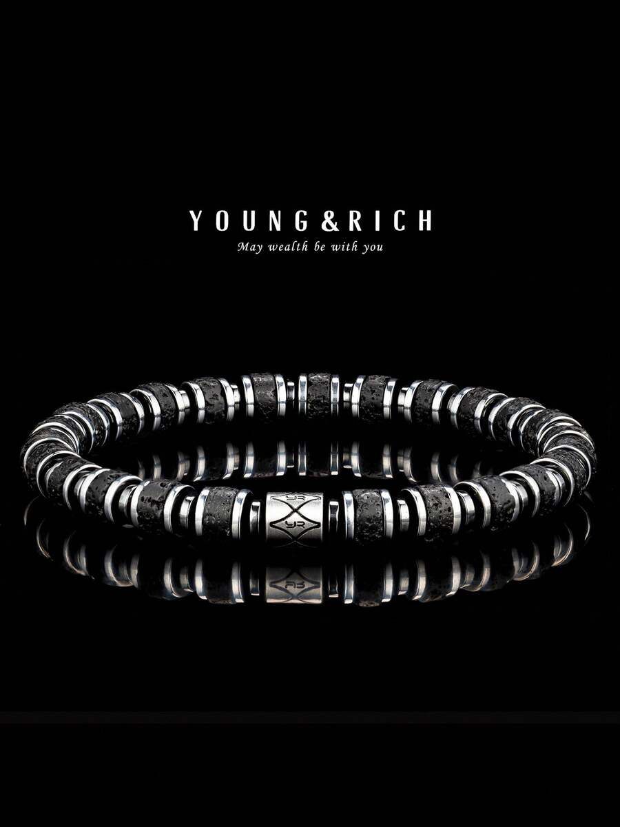 YOUNG&RICH YOUNG & RICH Men's Natural Lava Stone Bracelet, Matte Black Volcanic Rock Disc Beads Elastic Bracelet, Minimalist Dark Tone Daily Jewelry For Men - Black - View 1