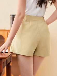 Shorts diarios tejidos de unicolor para mujer, sencillos - Beis 2 - Ver 2