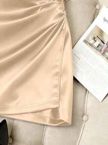 Falda ajustado plisada de cintura alta con dobladillo asimétrico brillante y elegante para mujer, primavera/verano - Albaricoque - Ver 4