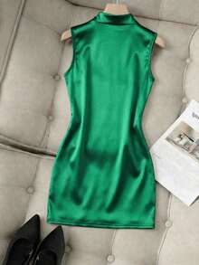 Nuevo vestido de mujer con cuello alto brillante, sin mangas, con cintura fruncida y asimétrico de ajuste ceñido - Verde - Ver 2