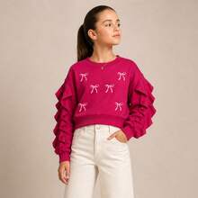 Girls' Cropped Sweatshirt With Long Sleeves And Ruffle Detail, Stylish For Cold Weather, Mid-Season, And Winter. - Rosa Fucsia - Ver 7