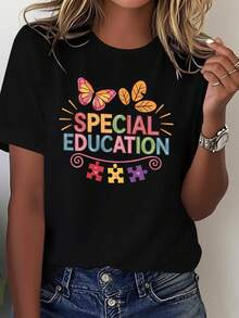 Women's Special Education Support T-Shirt 2026 - Puzzle And Butterfly Design To Promote Awareness, Slim Fit Clothing For Teachers/Therapists, Casual Rights Advocacy T-Shirt With Colorful Puzzle Icons (White) - 黑色 - 查看 7