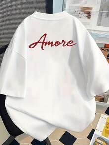 Love Print T-Shirt, Short Sleeve, Round Neck, Casual Style For Spring And Summer, Women's Clothing, Y2k, T-Shirt, Shirt - 白色 - 查看 4
