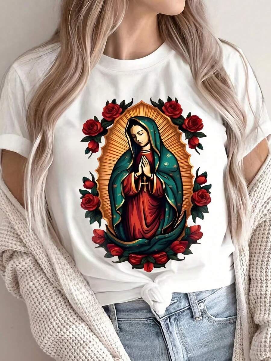 Women's Casual T-Shirt With Our Lady Of Guadalupe Print - Short Sleeve, Round Neck, Lightweight And Breathable, Summer T-Shirt For Casual Wear, Summer Casual Clothes | Religious Fashion | Comfortable Fit, Catholic Clothing - 白色 - 查看 1