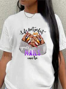 Women's Short-Sleeved T-Shirt With A Fun Nail Art Theme: Life May Not Be Perfect, But Your Nails Can Be! Lightweight And Durable, Ideal For Relaxing At Home Or In A Cafe, Comfortable Fit With A Bright Print - 白色 - 查看 1