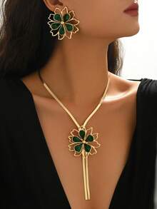 3pcs/Set Summer Fashion Bohemian Colorful Hollow Flower Necklace + Earrings Jewelry Set For Women, Suitable For Casual, Beach, Date, Party, Gift - Golden Green - View 2
