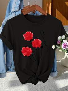 Elegant Women's Short-Sleeved T-Shirt With A Red Floral Print And A Casual Round Neck, Perfect For Spring, Summer, And Autumn. A Stylish And Versatile Top Suitable For Commuting, Vacations, And Everyday Wear, Available In Sizes S-XXL - Black - View 1