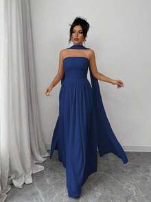 1 pieza Vestido largo de mujer de unicolor con detalle de pliegues, vestido largo elegante sin mangas para mujer - Azul marino - Ver 5