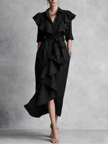 Vestido largo por debajo de la rodilla con cordón, corte holgado favorecedor, botonadura sencilla y volantes, nueva colección primavera-verano 2026 - Negro - Ver 3
