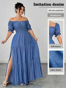 Vestido casual elegante de talla grande para mujer de primavera/verano, en azul sólido de aspecto de mezclilla con cintura fruncida y con abertura lateral - Azul 3 - Ver 4