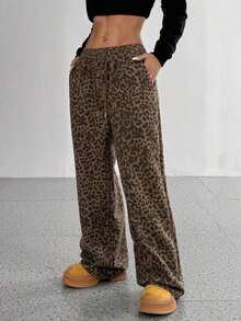 Pantalones rectos de cintura alta con estampado de leopardo retro, cintura elástica con cordón, estilo callejero casual de chica americana, para primavera y otoño - Multicolor 2 - Ver 9