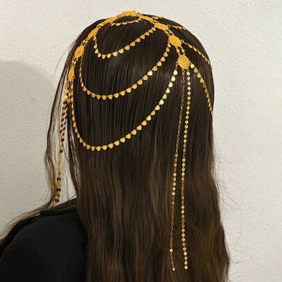 1pc Bohemian Style Copper Plated Gold Multi-Layer Tassel Hair Accessory, Elegant Bridal/Party Headpiece For Women