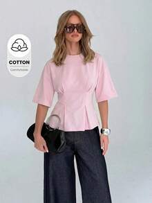 Camiseta de algodón rojo con peplum, de manga corta, cuello redondo, cintura ajustada, casual - Rosa - Ver 12