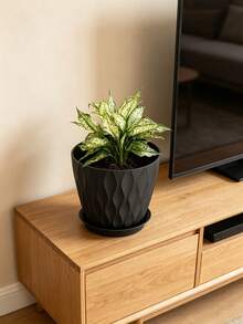 2pcs/Set Wavy Plastic Flower Pot, Suitable For Indoor/Outdoor Planting, With Drainage Holes And Tray, Waffle Texture Flower Pot, Ideal For Indoor Plants, Suitable For Carnivorous Plants, Ficus Lyrata (1 Pot + 1 Base) - Multicolor - View 2