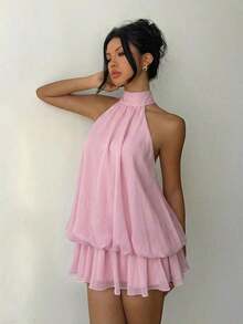 Vestido mini elegante de mujer con cuello halter y lazo en color amarillo claro - Rosa Pálido - Ver 7