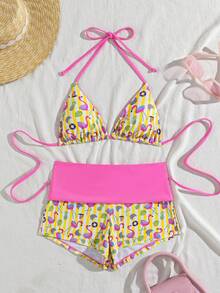 wohenmeili Bộ bikini nữ mùa hè đi biển, họa tiết chim hồng hạc nhiệt đới, sọc ngang, hở lưng, buộc dây phía trước, xẻ tà. - Mì gạo sọc vàng - Xem 3