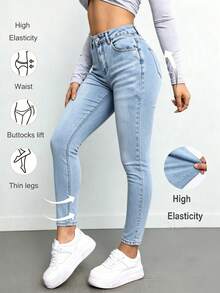 Pantalones vaqueros ajustados informales para mujer con bolsillos - Lavado ligero - Ver 2