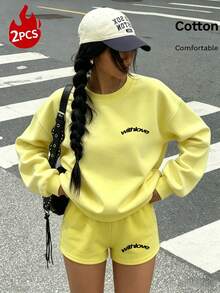Women's Yellow Sweatshirt And Shorts Set, Thin Spring/Summer - Bright Yellow - View 3