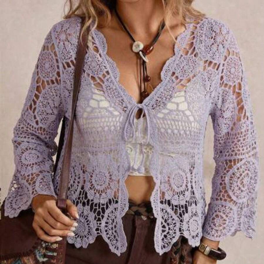 Plus Size Casual Solid Color Openwork Knit Cardigan Winter Fall Autumn - Púrpura malva - Ver 1