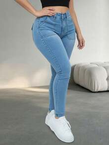 Celana Jeans Wanita Kasual Slim Fit, Kain Elastisitas Tinggi, Panjang Penuh, Dengan Saku Kancing dan Resleting, Cocok Untuk Musim Semi, Musim Gugur, dan Musim Panas - Medium Wash - View 6