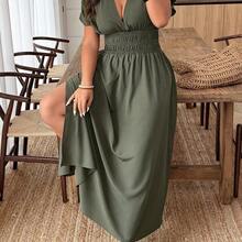 Clasi Plus Size Women Deep V-Neck Solid Short Sleeve Ruched Waist Sexy Vacation Dress - Marrón - Ver 4