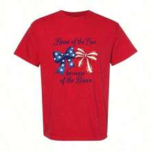 1 Pieza Camiseta de Algodón Puro para Mujer con Estampado de Moño de la Independencia de América, Camiseta con Estampado del Día de la Independencia, Camiseta Casual de Verano con Cuello Redondo, Camiseta de Uso Diario para Mujer, Disponible en Blanco/Rosa/Gris/Amarillo/Rojo para Vacaciones de Verano y Uso Casual Diario. - Rojo - Ver 2