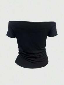 Camiseta casual de manga corta, unicolor, con hombros descubiertos, plisada y ajustada, para verano - Negro - Ver 6
