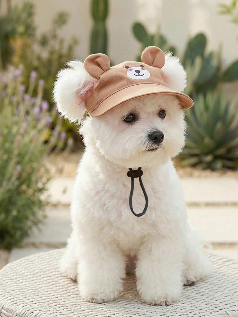 1pc Pet Sun Hat, Cartoon Brown Bear Design, For Small Dogs Like Teddy, Poodle, Suitable For Spring & Summer - Brown - View 1